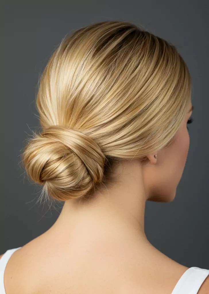 Sleek California Blonde Hair Tied in a Low Bun