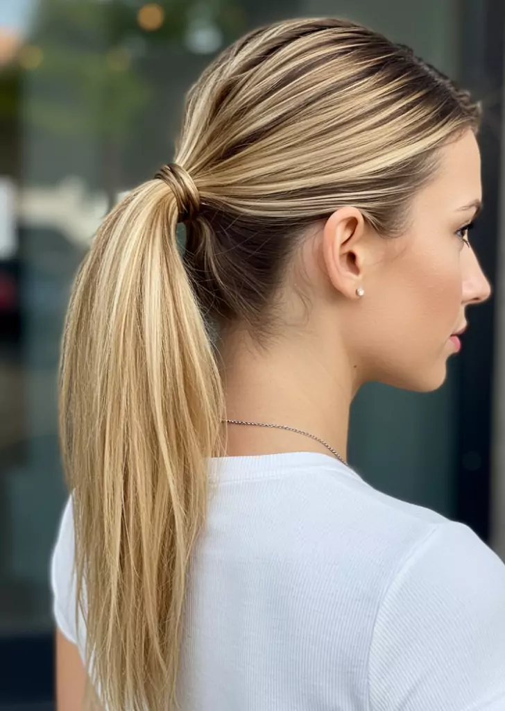 Sleek California Blonde Ponytail with Highlights
