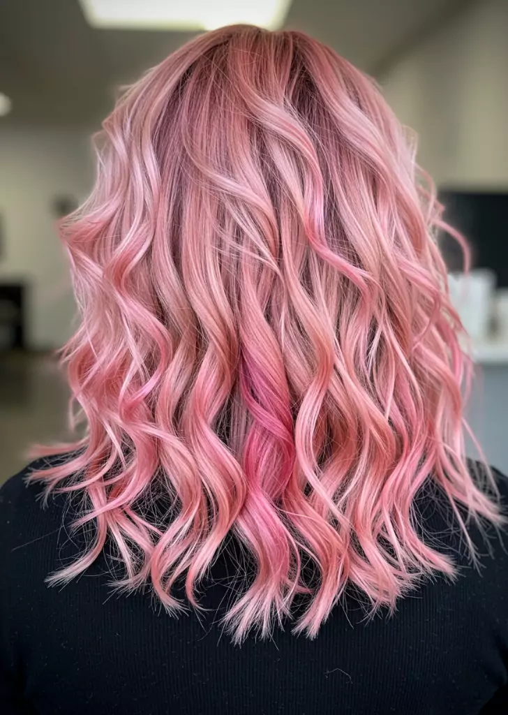 Soft California Blonde Curls with a Hint of Pink