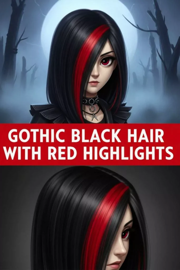 Gothic Black Hair with Red Highlights