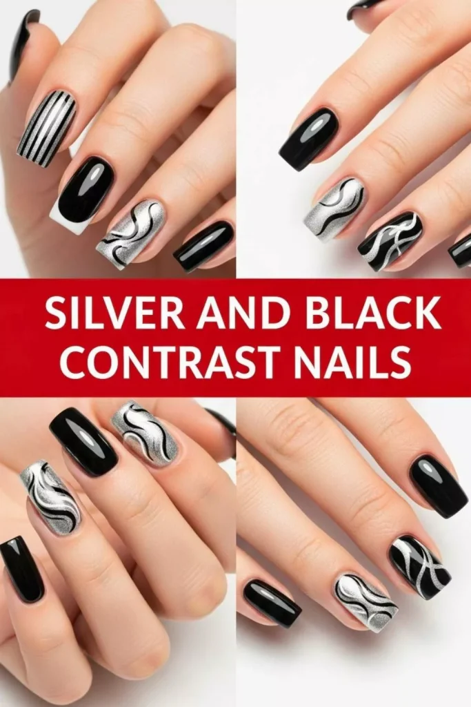 Silver and Black Contrast Nails