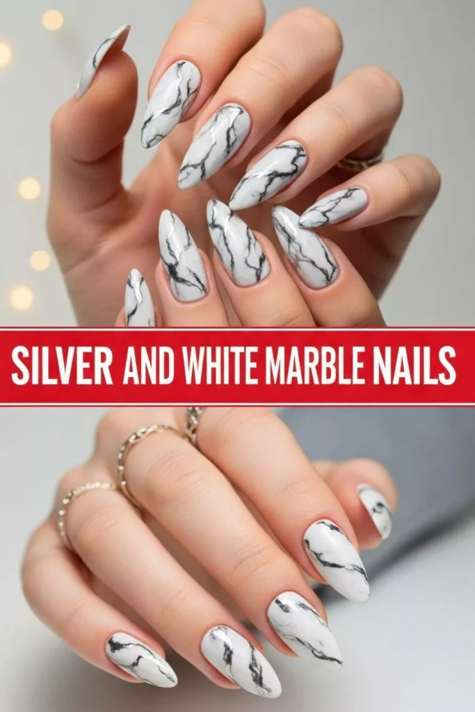 Silver and White Marble Nails