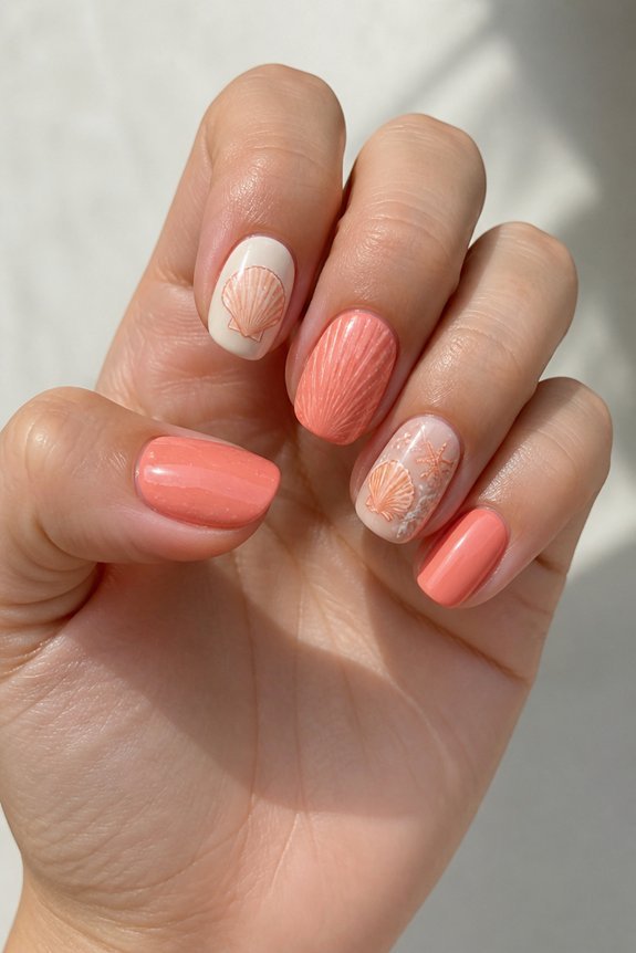 coral seashell nail art