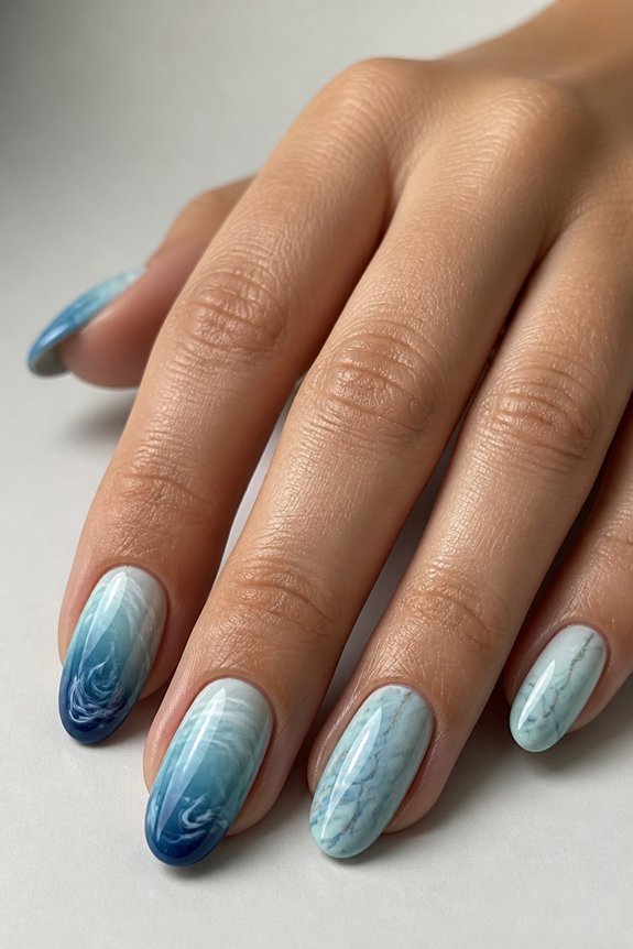 ocean themed marble ombr nails