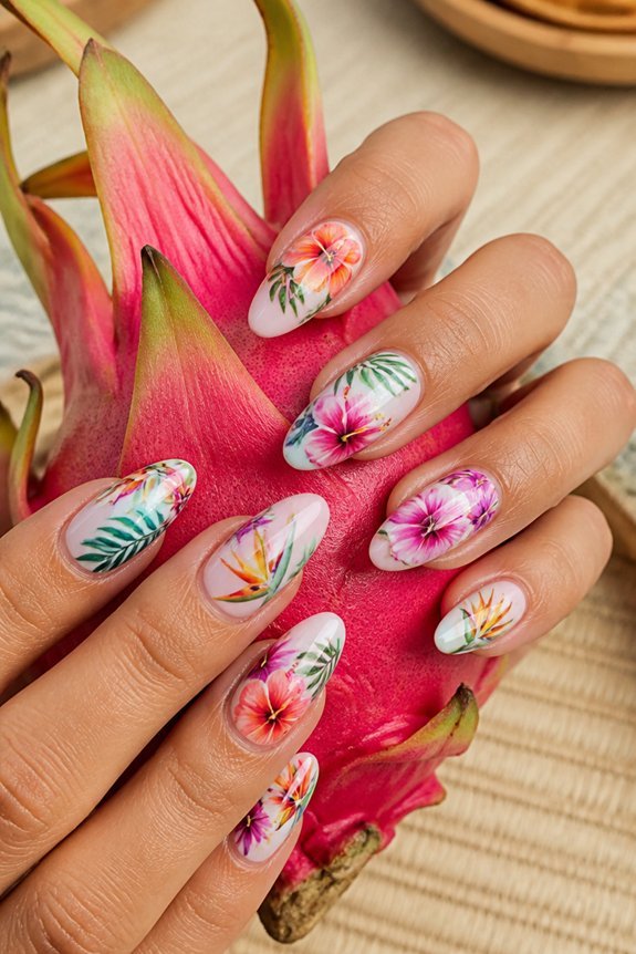vibrant tropical floral nails